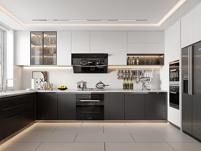Modern Kitchen Interior Design With Black And White Cabinets Wine Rack And Appliances 3d model