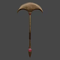Ancient Bronze Axe With Curved Blade Long Handle Black Wrapped Section And Red Gemstone