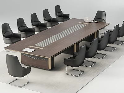 Modern Wooden Conference Table With Metal Accents And Black Chairs In Office 3d model