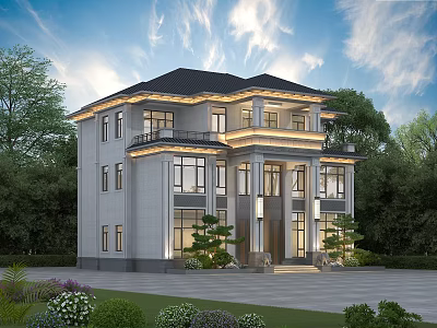 Two Story Modern Detached Villa With Large Windows Black Roof Greenery Driveway And Lawn 3d model