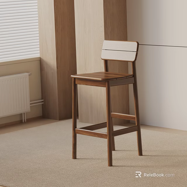 Wooden Bar Stool With Backrest In Modern Home Interior Design Setting 3d model 