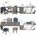 Modern Dining Table Set With Blue And Gray Chairs And Marble Top Decorative Elements 3d model