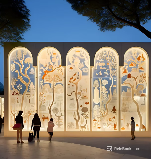 Arched Shop Window With Illuminated Intricate Tree Animal Figure And House Patterns For People Viewing 3d model 