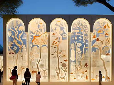 Arched Shop Window With Illuminated Intricate Tree Animal Figure And House Patterns For People Viewing 3d model