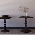 Wooden Round Side Tables with Green Plant in Dish and Green Vase with Dried Flowers