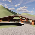 Entrance Gate with Wooden Curved Roof and Green Mountain Backdrop and Stone Paved Path