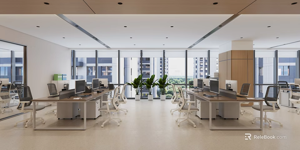 Modern Public Office Space With Open Layout Desks Computers Large Windows And Green Plants 3d model 