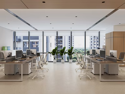 Modern Public Office Space With Open Layout Desks Computers Large Windows And Green Plants 3d model