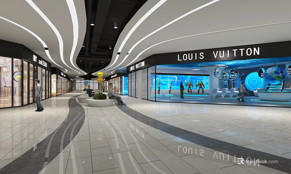 Modern Shopping Mall Lobby With Louis Vuitton Storefront Glass Display Curved Ceiling And Marble Flooring 3d model 