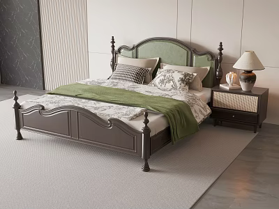 Vintage Double Bed With Green Carved Headboard Patterned Pillows Green Blanket And Nightstand 3d model
