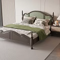 Vintage Double Bed With Green Carved Headboard Patterned Pillows Green Blanket And Nightstand