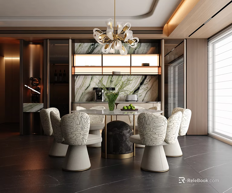 Elegant Modern Restaurant Interior With Chandelier Marble Countertop Green Plants And Chairs 3d model 