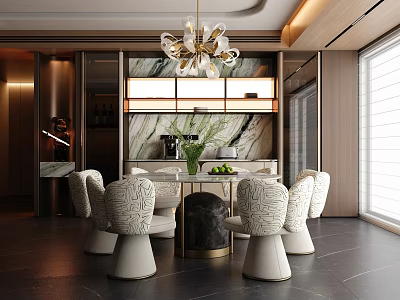 Elegant Modern Restaurant Interior With Chandelier Marble Countertop Green Plants And Chairs 3d model