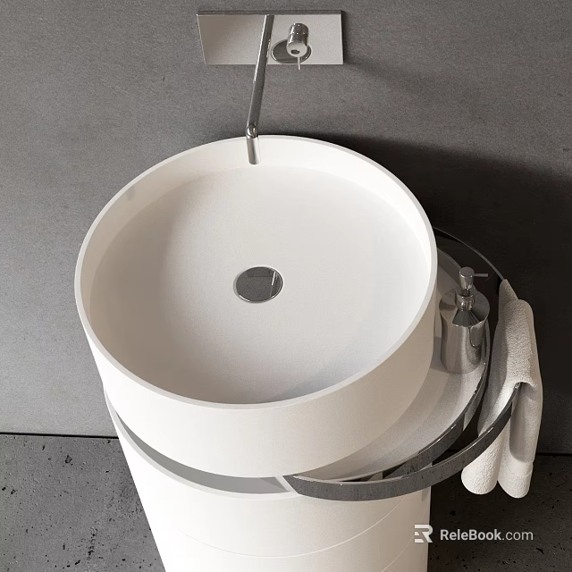 Modern Round White Washbasin with Metal Stand and Towel in Gray Setting 3d model 