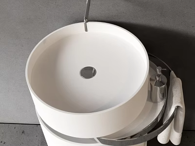 Modern Round White Washbasin with Metal Stand and Towel in Gray Setting 3d model