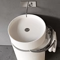 Modern Round White Washbasin with Metal Stand and Towel in Gray Setting