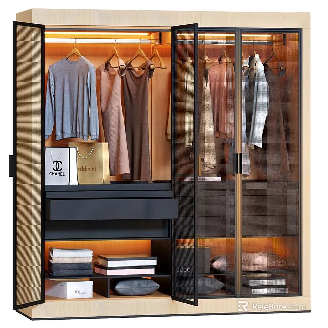 Modern Glass Door Wardrobe With Hanging Clothes Drawers And LED Lighting 3d model 