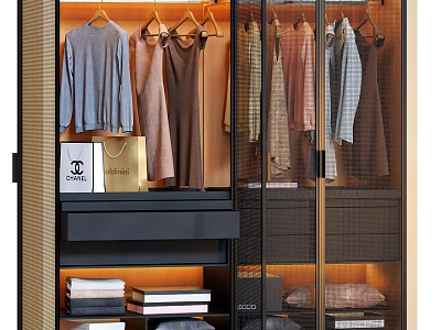 Modern Glass Door Wardrobe With Hanging Clothes Drawers And LED Lighting 3d model