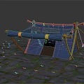 Blue Canvas Tent With Orange Wooden Poles Standing On Stone Ground With Green Plants