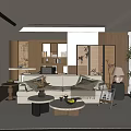 Japanese Style Living Room With Beige Sofa Wooden Screen Coffee Table And Green Plants