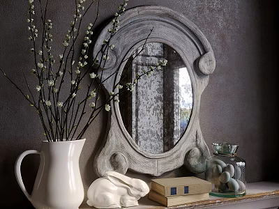 Vintage Decorative Ornaments Set With Mirror Vase Rabbit Figurine Book And Glass Jar 3d model