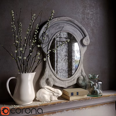 Vintage Decorative Ornaments Set With Mirror Vase Rabbit Figurine Book And Glass Jar 3d model