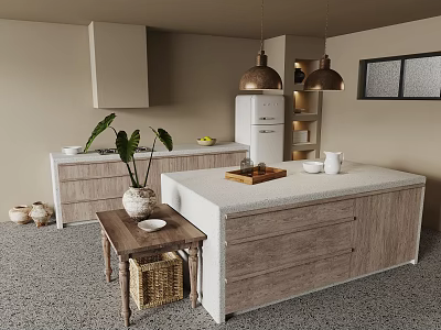 Modern Kitchen Interior Design With Wooden Island Counter Pendant Lights And Plant 3d model
