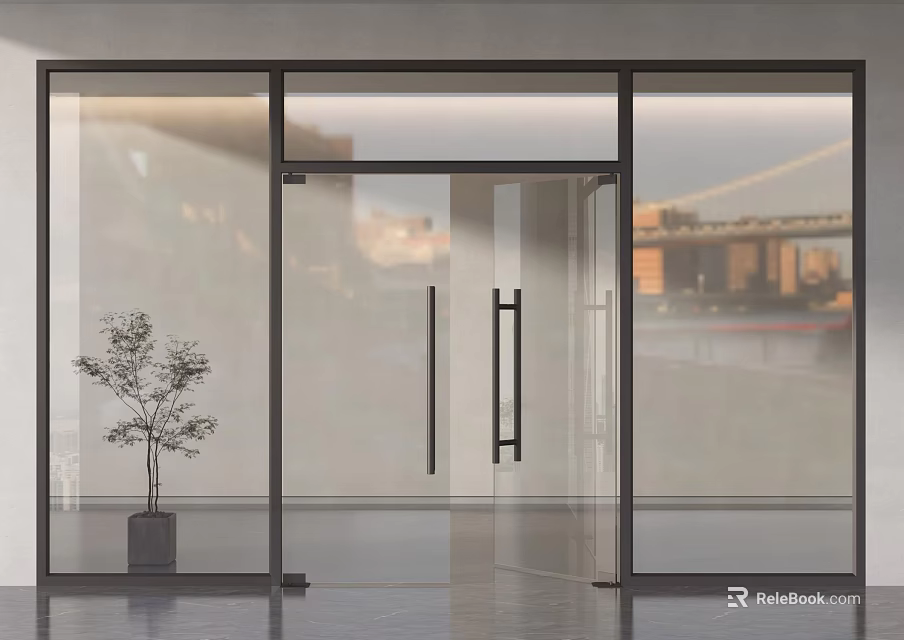 Modern Glass Door Entrance Design With Urban View And Potted Plant 3d model 