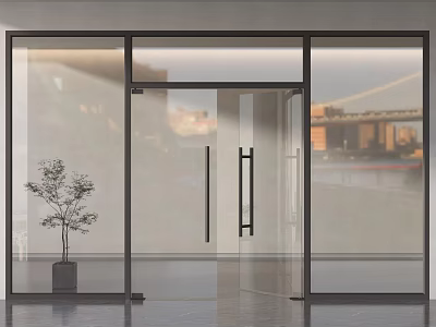 Modern Glass Door Entrance Design With Urban View And Potted Plant 3d model