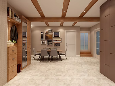 Restaurant Interior Design With Wooden Ceiling Beams Framed Pictures Dining Table And Beige Tiled Floor 3d model