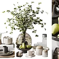 Stylish Decorative Ornament Set With Glass Vase Green Foliage Pears Books Glass Cups And Ceramic Jars