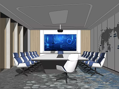 Modern Conference Room Interior With Long Table Ergonomic Chairs Large Screen And World Map 3d model