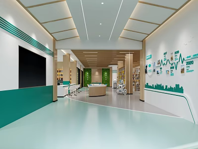 Modern Service Hall Interior With Spacious Space Green White Walls Service Counter And Wall Icons 3d model