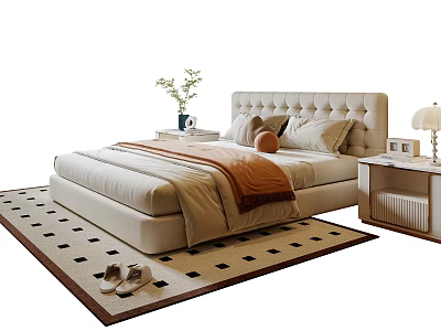 Double Bed with Tufted Headboard Soft Pillows Blanket and Nightstand Lamp on Patterned Rug 3d model