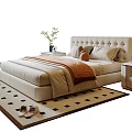 Double Bed with Tufted Headboard Soft Pillows Blanket and Nightstand Lamp on Patterned Rug
