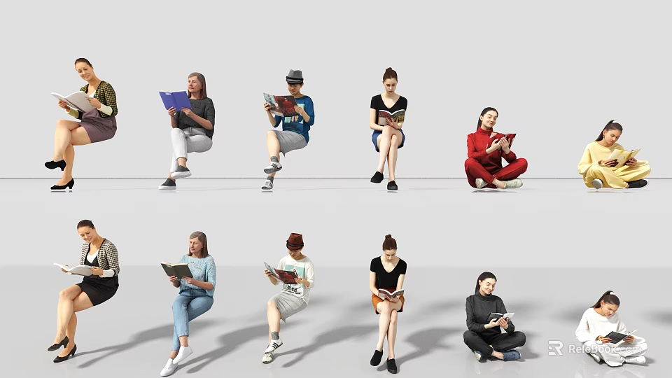 Diverse Group of People Reading Books and Digital Devices in Casual Seating Positions on White Background 3d model 