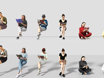Diverse Group of People Reading Books and Digital Devices in Casual Seating Positions on White Background 3d model