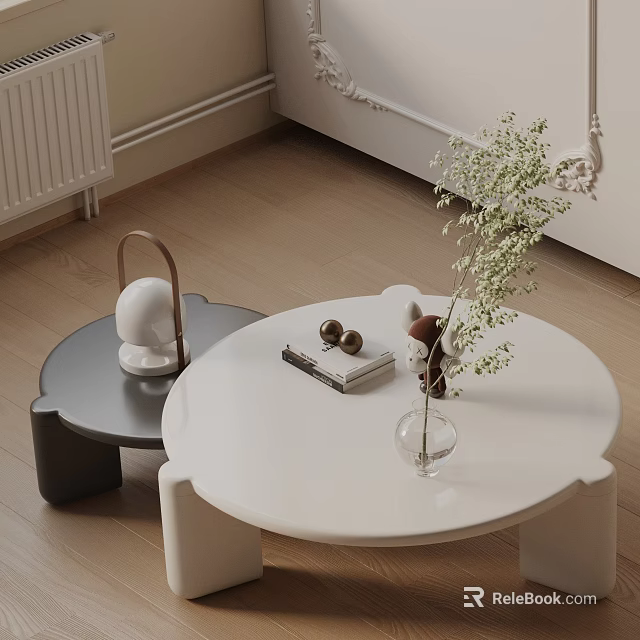 Modern Sofa Coffee Table Set With Round White Grey Tables Vase Books On Wooden Floor 3d model 