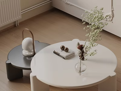 Modern Sofa Coffee Table Set With Round White Grey Tables Vase Books On Wooden Floor 3d model