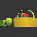 Colorful Fresh Fruits in Green and Yellow Baskets with Sliced Ones on Black Background