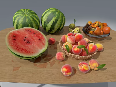 Fresh Cut and Whole Watermelons with Ripe Peaches Displayed on Wooden Table with Basket 3d model