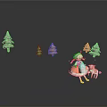 Little Girl In Pink Dress Playing With Lamb Near Christmas Trees