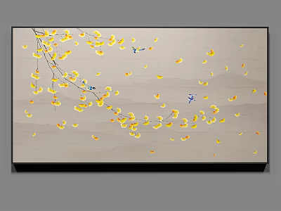 Modern Botanical Wall Art With Floating Yellow Leaves Blue Birds And Light Gray Background 3d model