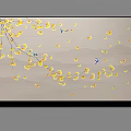 Modern Botanical Wall Art With Floating Yellow Leaves Blue Birds And Light Gray Background