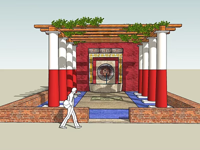 Elegant Pergola with Green Vines Red White Columns Decorative Painting and Blue Floor Tiles 3d model