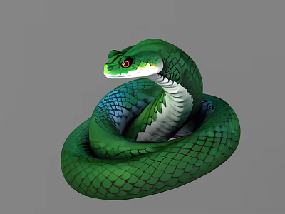 Striking Green Reptile Snake With Coiled Body Red Eyes And Shiny Scales 3d model