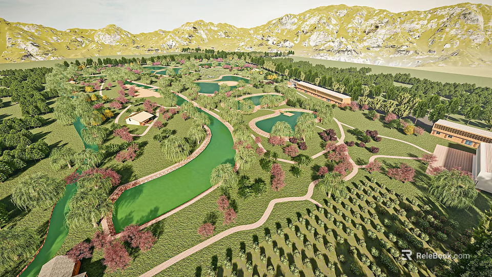 Scenic Landscape With Winding River Lush Green Lawns Colorful Trees And Distant Mountains 3d model 