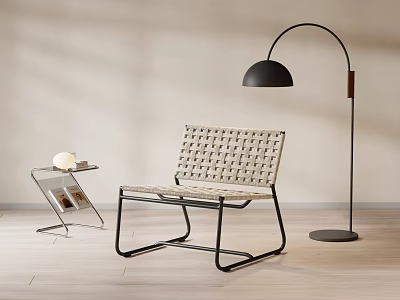 Woven Leisure Chair With Black Metal Frame And Floor Lamp Near Side Table 3d model