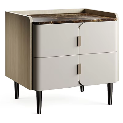Modern Bedside Table With Marble Top Wood Frame White Doors Metal Handles And Black Legs 3d model