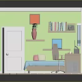 Cozy Bedroom Interior with Green Walls Bookshelf Blue Bed Desk and Window Curtains
